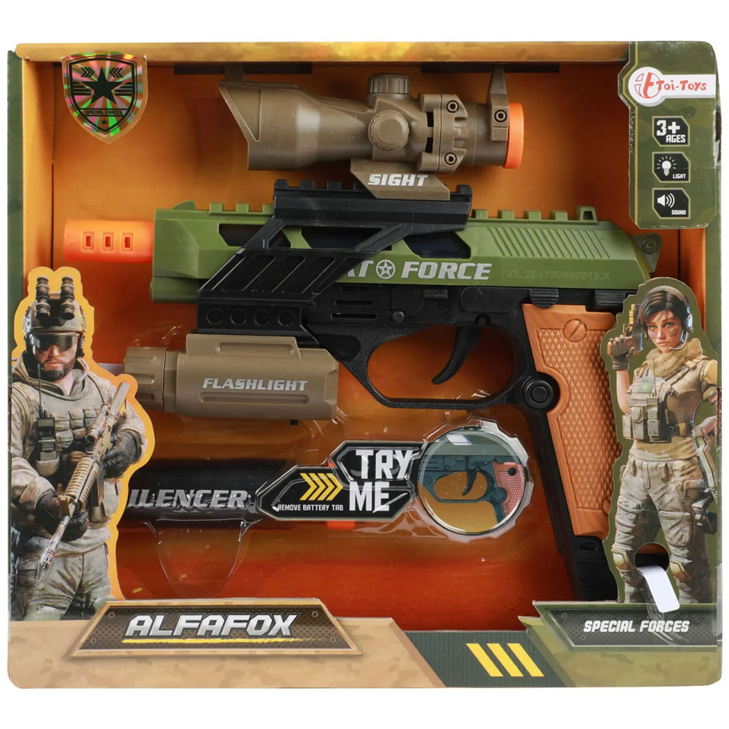 Alfafox Pistool Militair met Licht en Geluid en Zaklamp