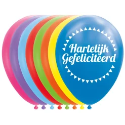 Ballonnen Hartelijk Gefeliciteerd Mix Kleuren 30cm, 8st.