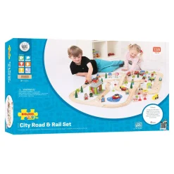 Bigjigs Houten Treinbaan en Autobaan Set, 105dlg.