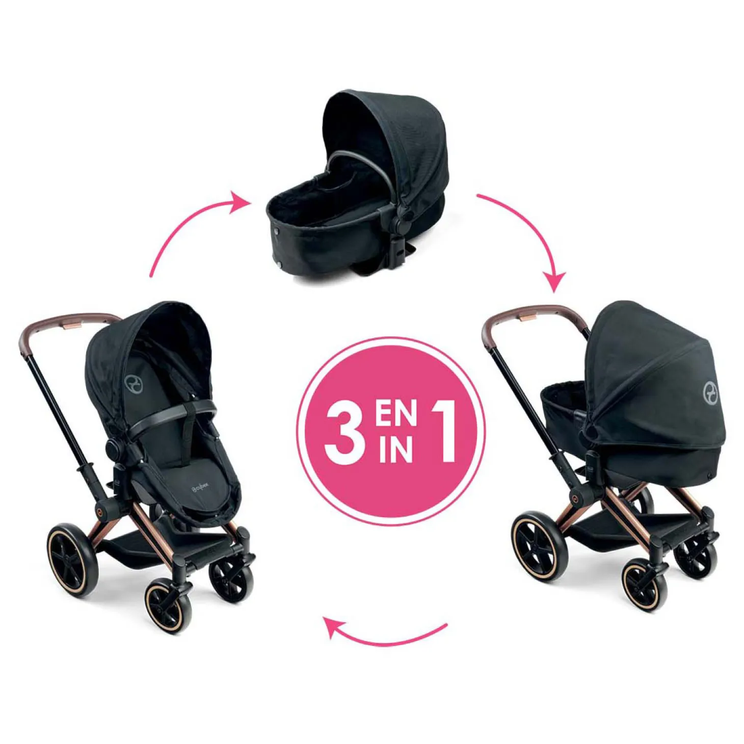 Corolle Zwarte Poppenwagen 3 in 1 voor Babypop van 36-42cm