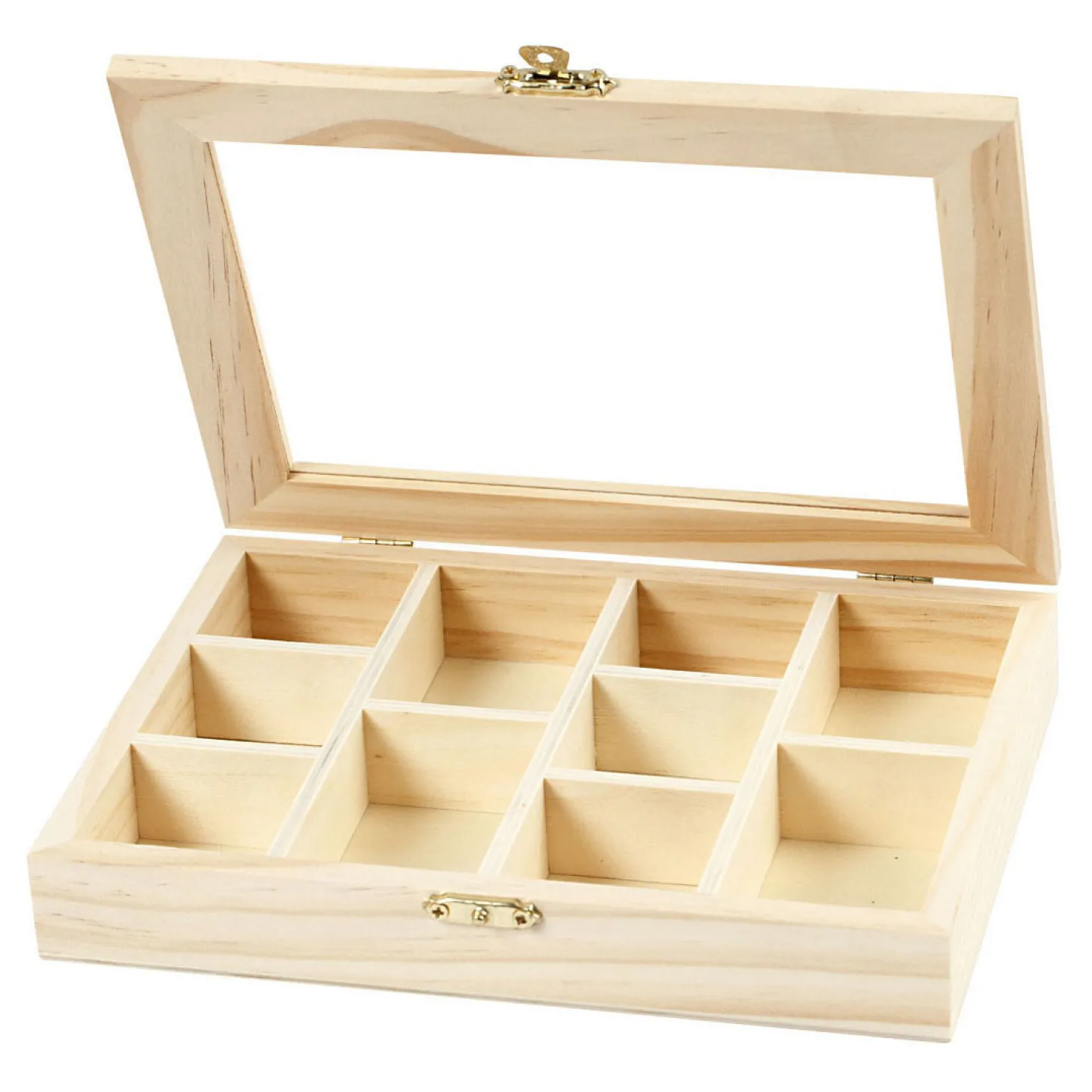 Houten Doos met Glazen Deksel en 10 vakken