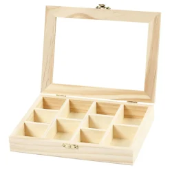 Houten Doos met Glazen Deksel en 10 vakken