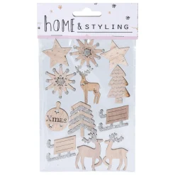 Houten Kerst Stickers met Glitters, 12st.