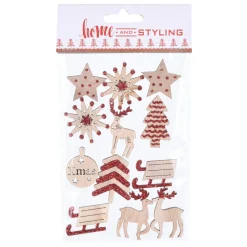 Houten Kerststickers met Glitters, 12st.