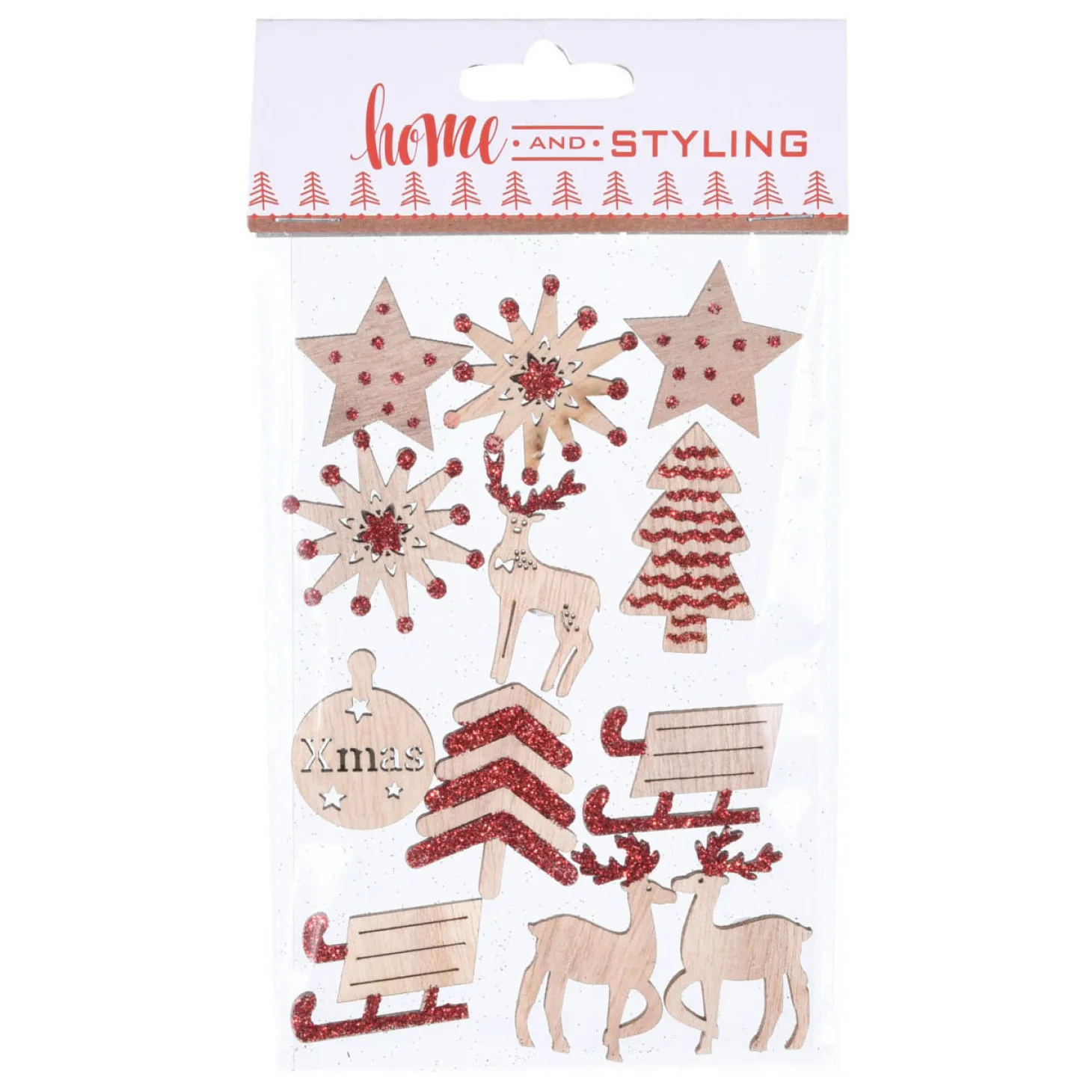 Houten Kerststickers met Glitters, 12st.