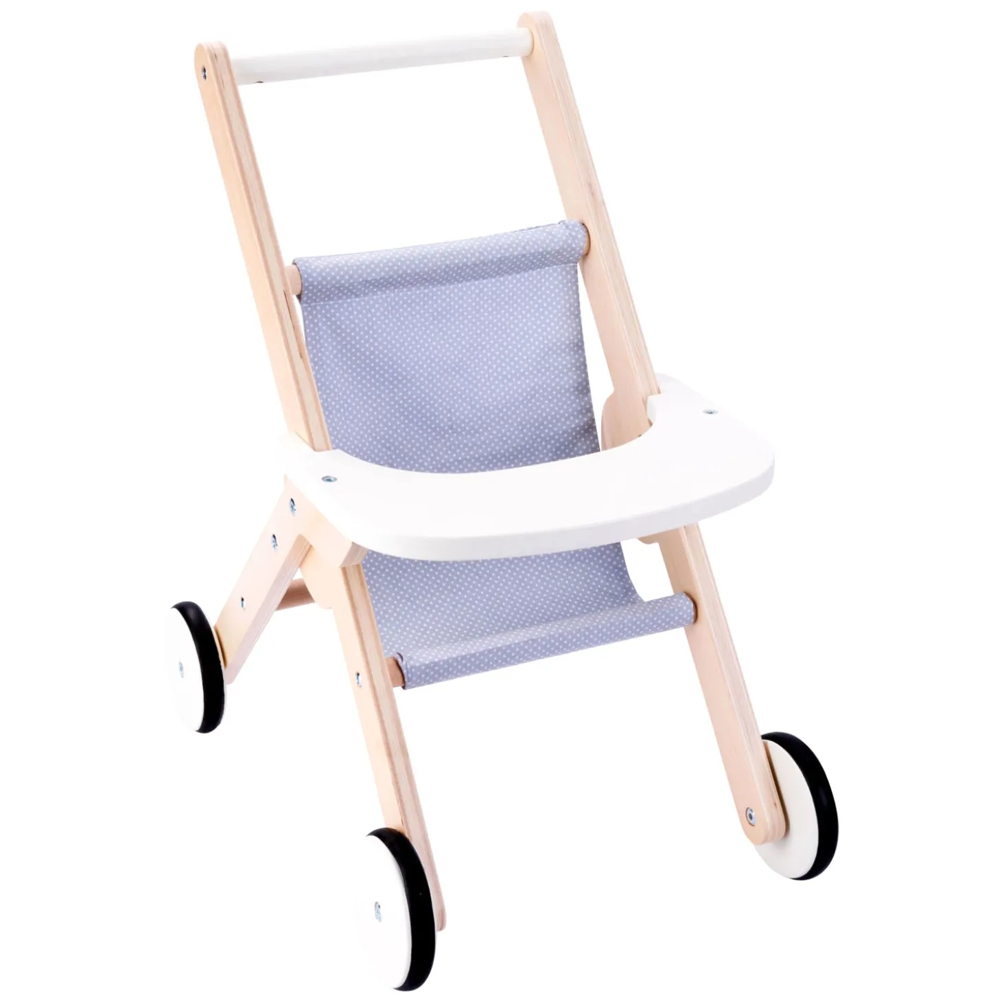 Houten Poppenwandelwagen Grijs/ blauw