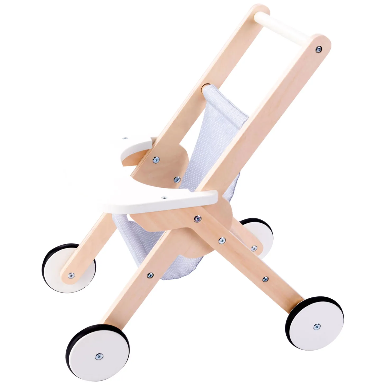 Houten Poppenwandelwagen Grijs/ blauw