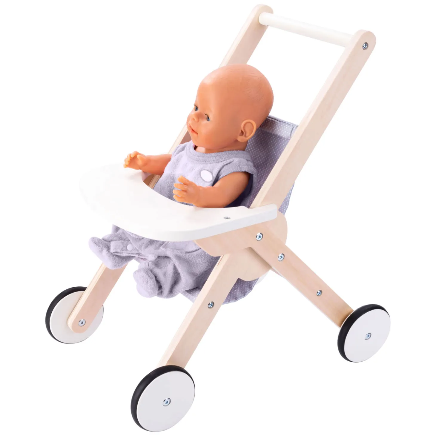 Houten Poppenwandelwagen Grijs/ blauw