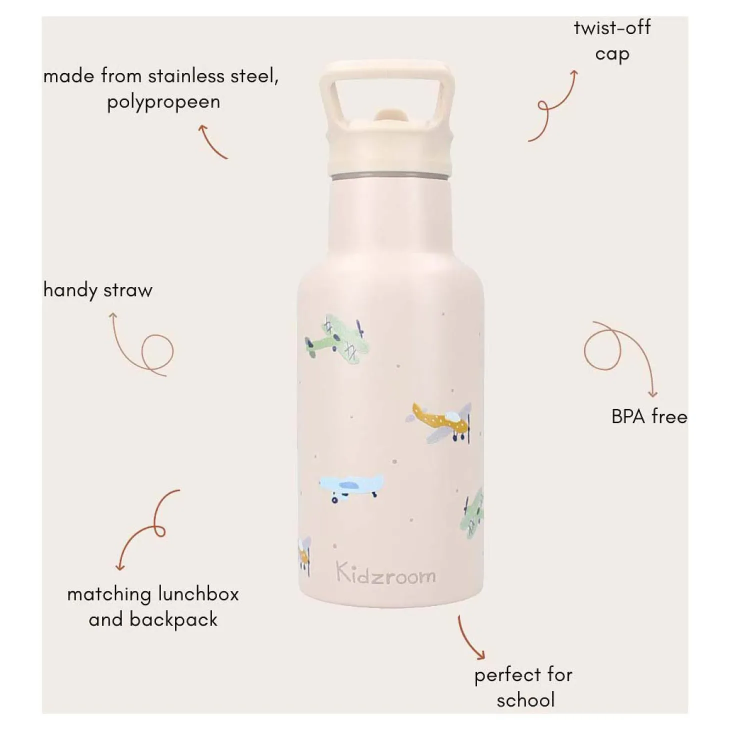 Kidzroom Drinkfles Sweet Sips Vliegtuigen, 350ml
