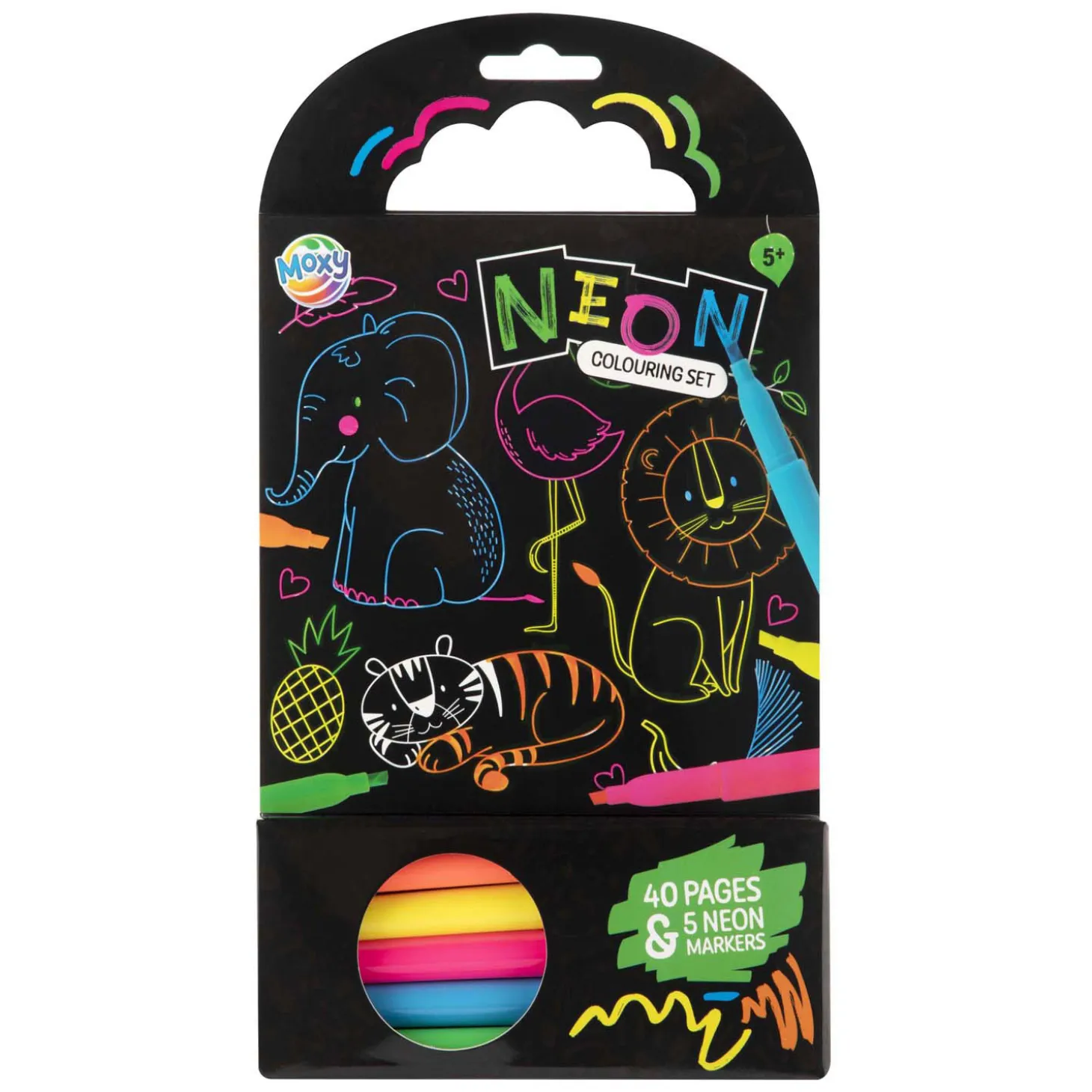 Kleurboek Dieren met 5 Neon Stiften, 40 Vellen