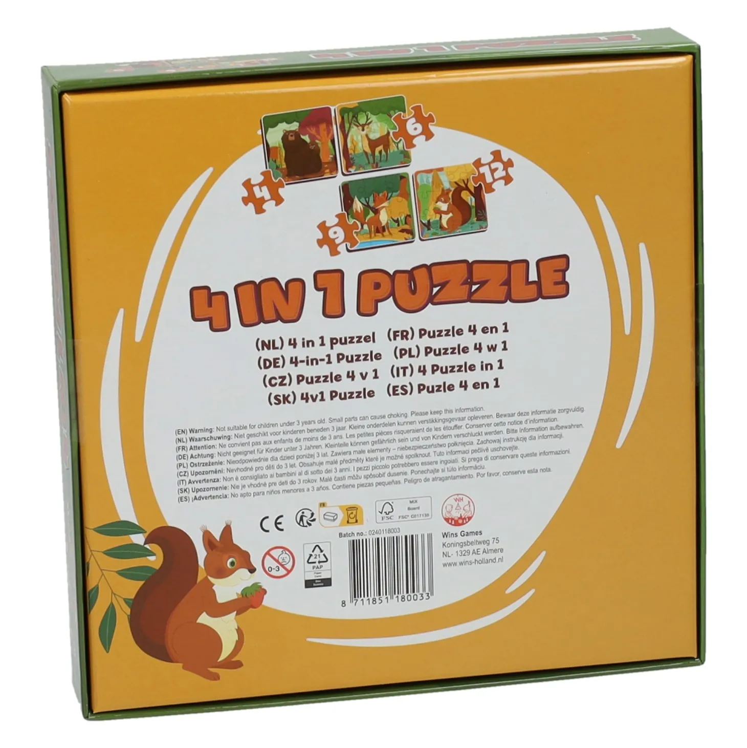 Legpuzzel 4in1 - Bosdieren, 12st.