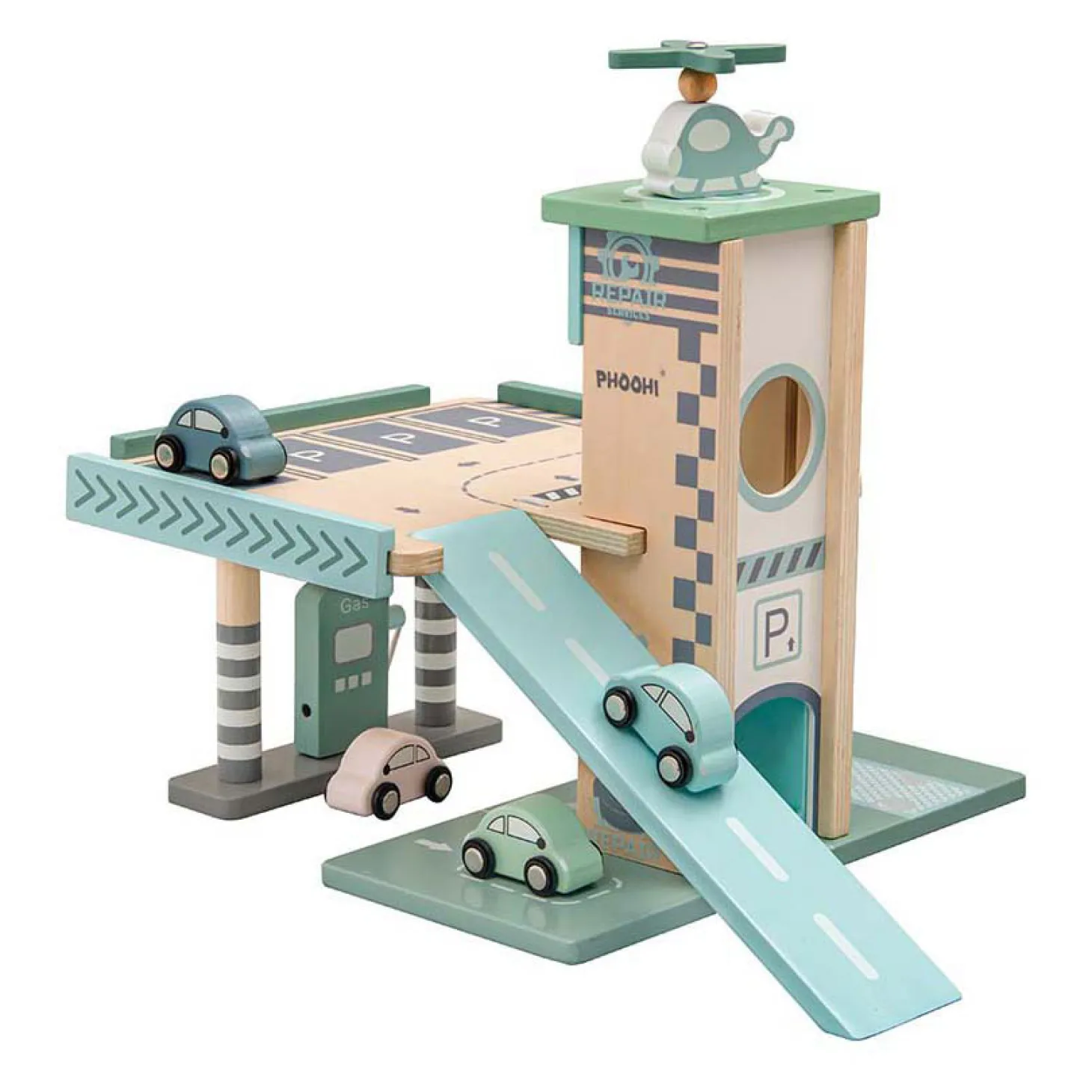 Pastelkleurige Houten Parkeergarage en Tankstation met Lift