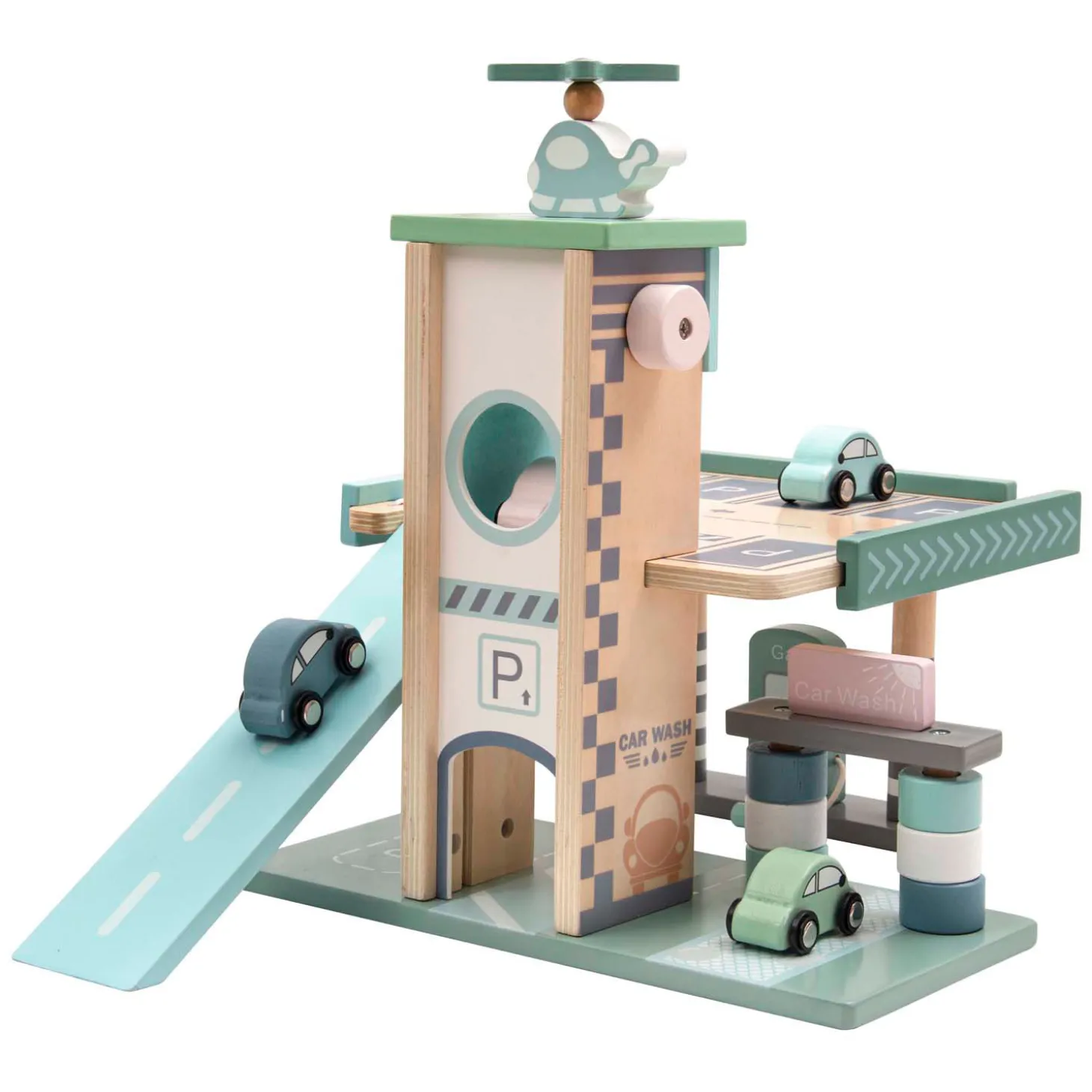 Pastelkleurige Houten Parkeergarage en Tankstation met Lift