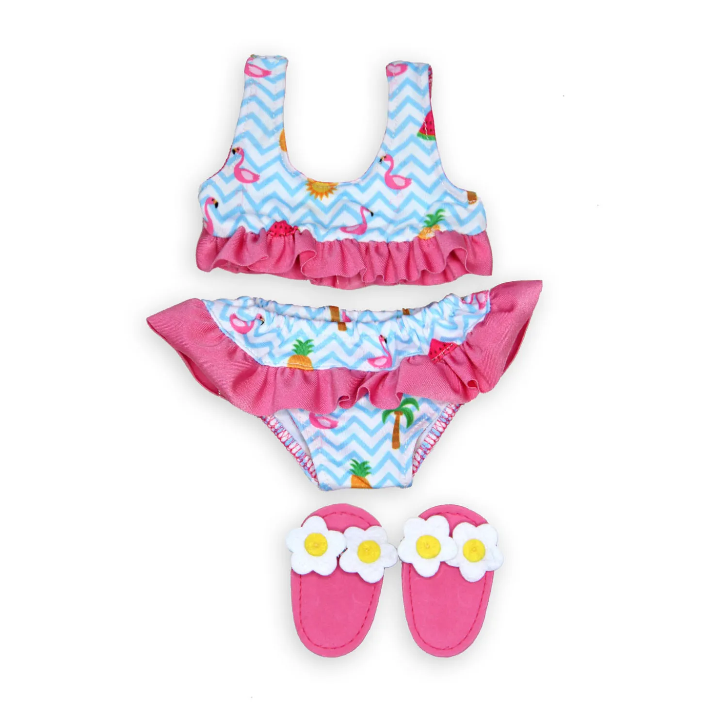 Poppen Bikini met Slippers Flamingo, 28-35 cm