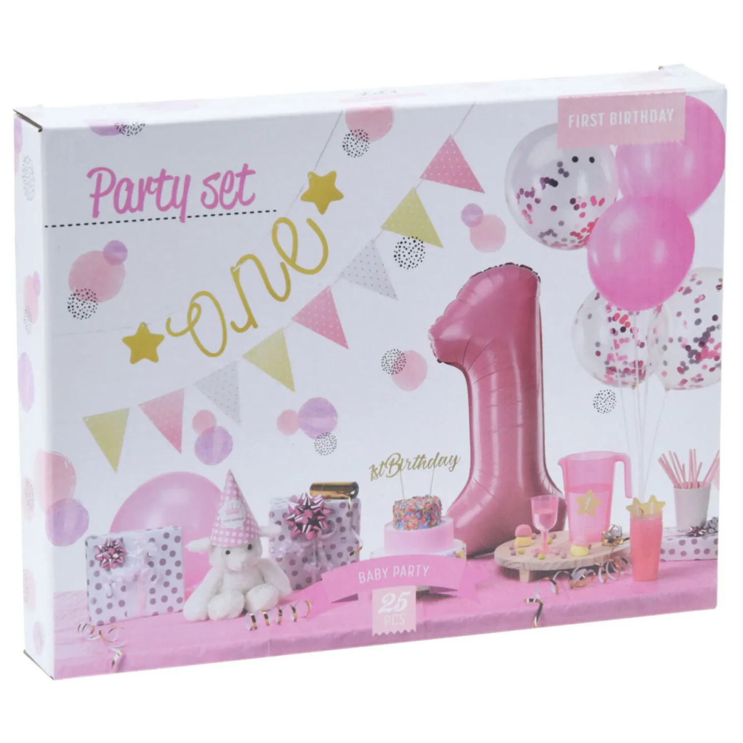 Set Feestversiering 1e Verjaardag - Roze/Meisje, 9dlg.
