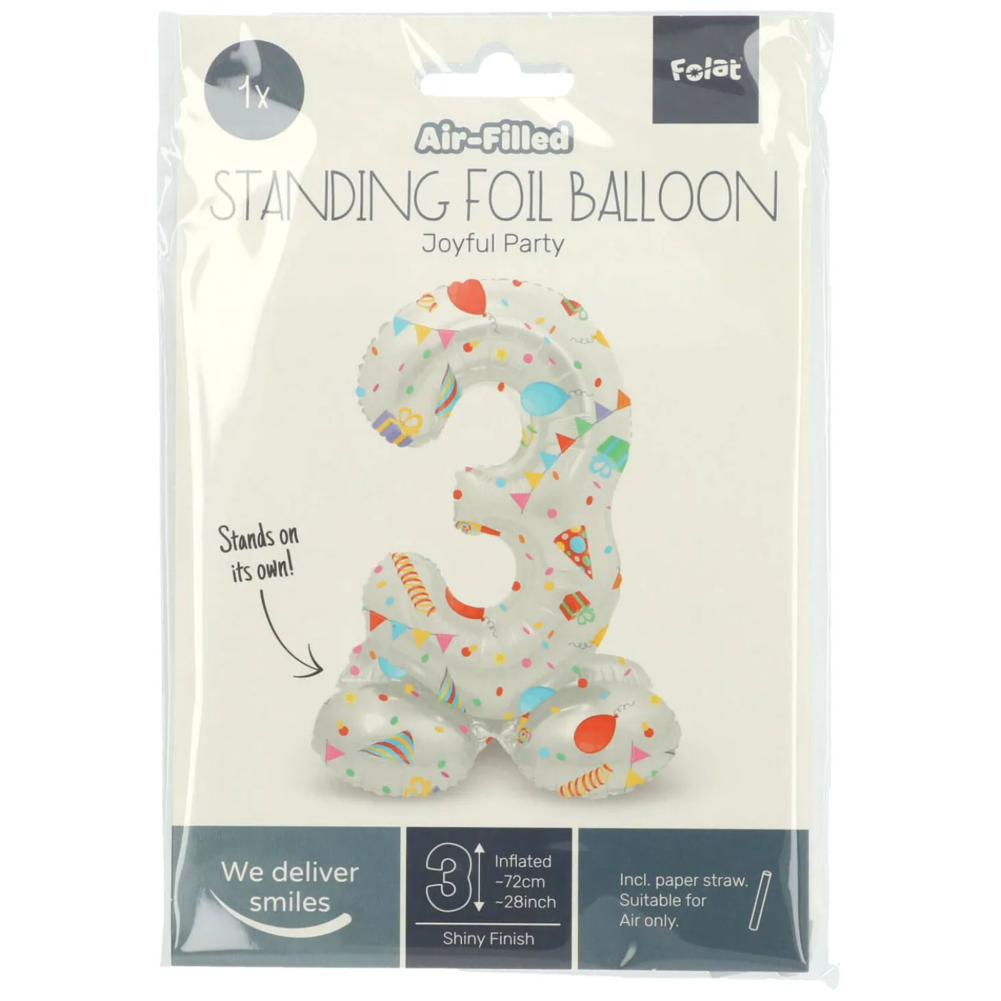 Staande Folieballon Joyful Party Cijfer 3 -72cm