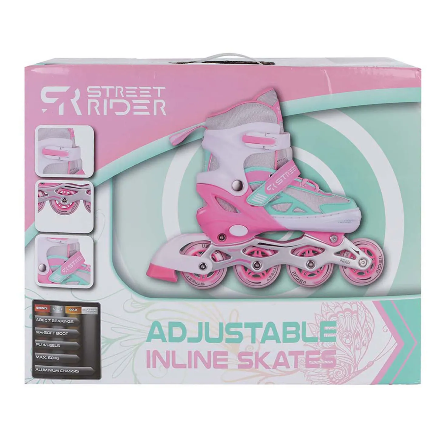 Street Rider Inline Skeelers Roze/Groen Verstelbaar, Maat 29-32