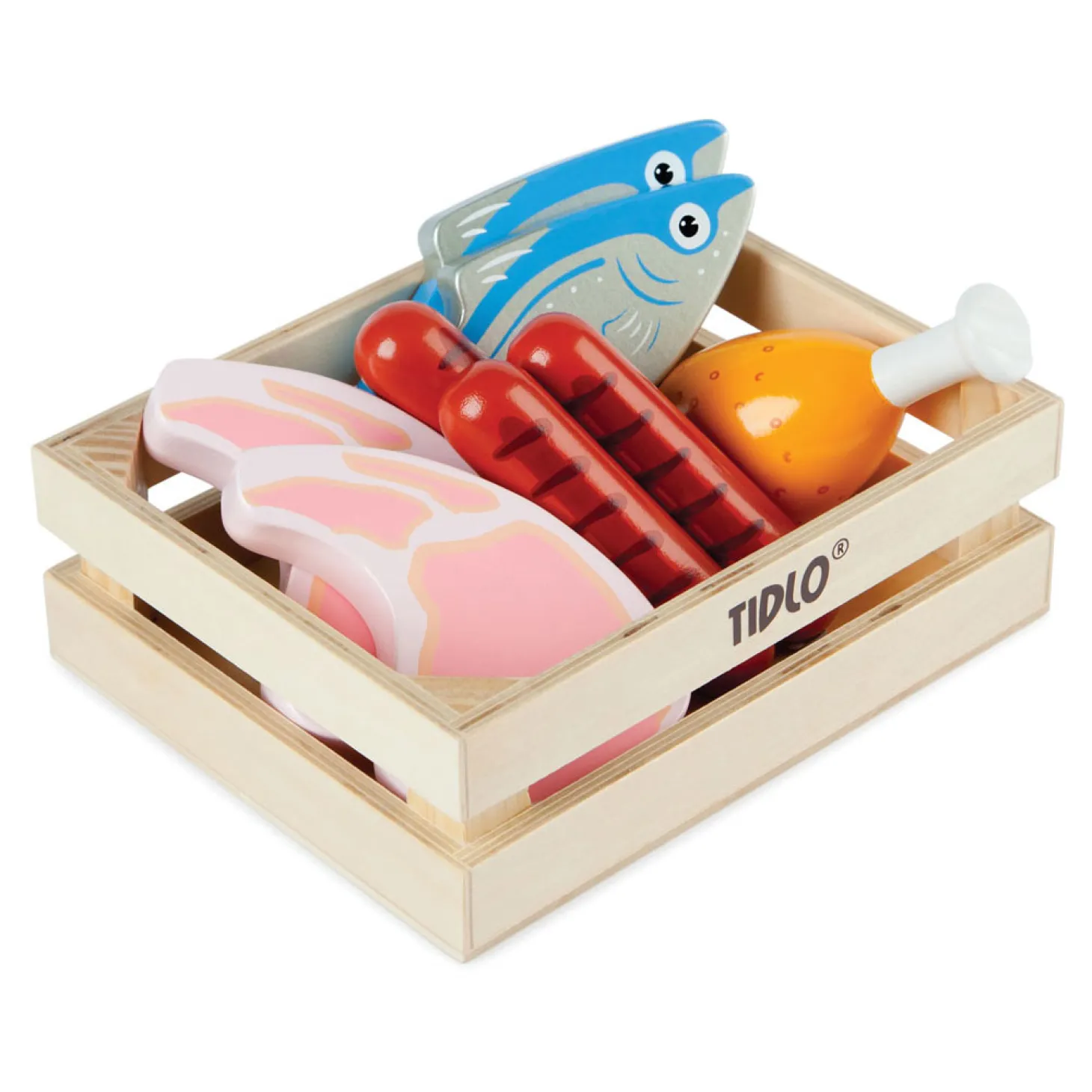 Tidlo Houten Speeleten Vlees en Vis in Kist, 8dlg.