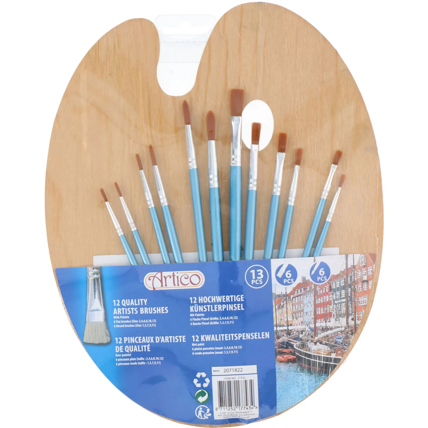 Verf Penselen met Houten Schilderspalet, 13dlg.