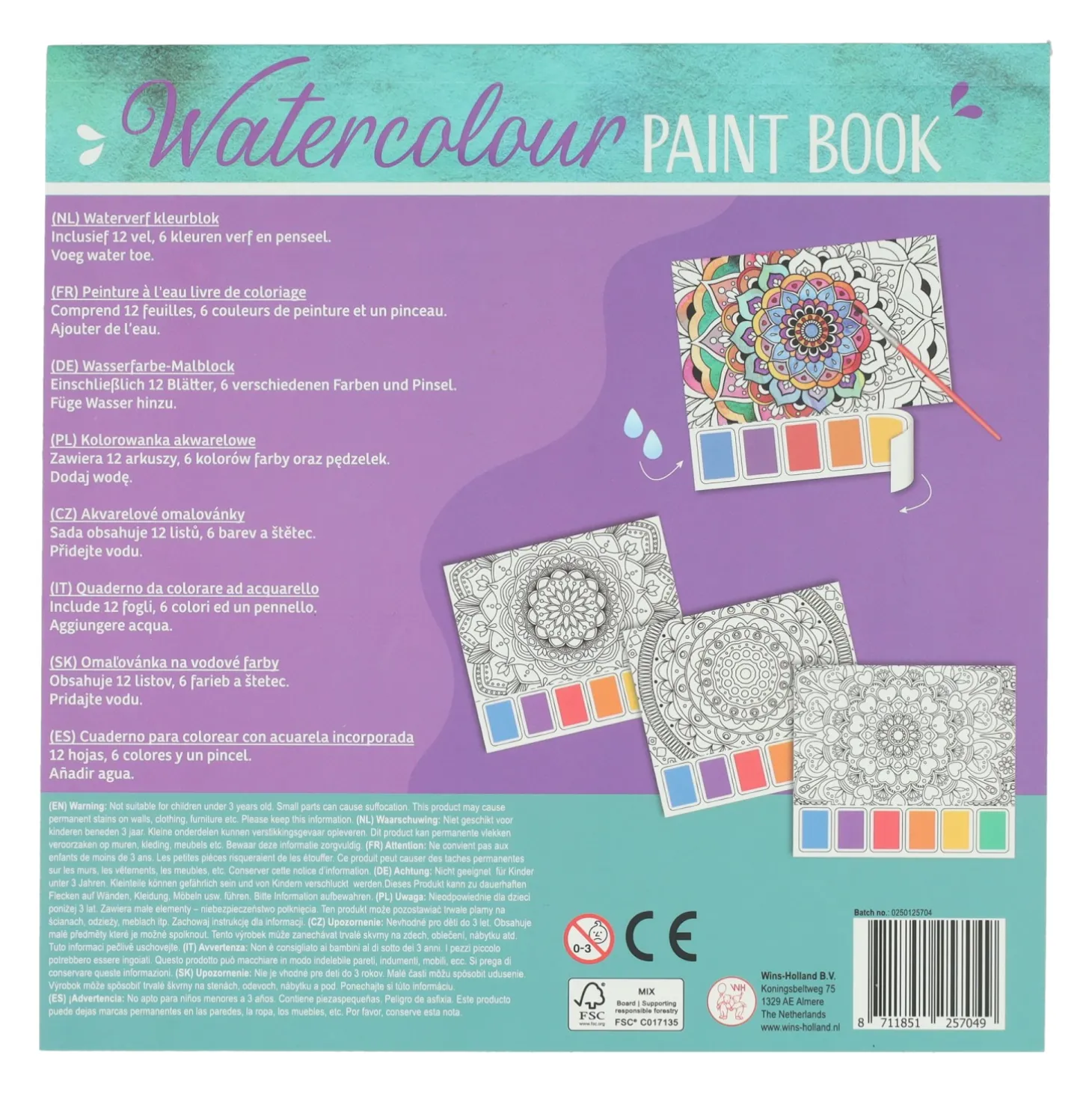 Waterverfkleurblok Volwassenen - Mandala's - incl Penseel en 6 kleuren waterverf